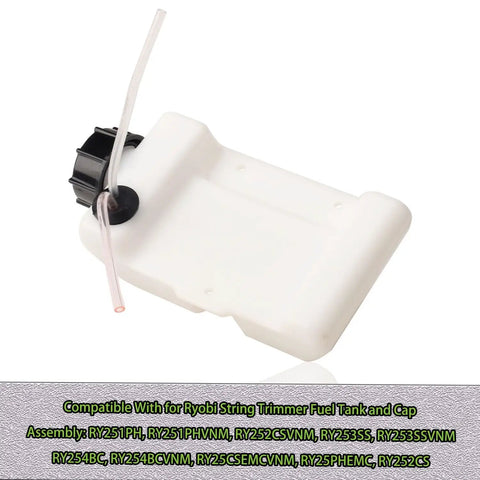 Gas Tank Assembly Replacement With Fuel Lines And Filter Cap For Ryobi Toro Homelite Trimmer Models RY251PH RY252CS RY253SS RY254BC RY252C Includes Cap No Fuss Direct Replacement For Your Trimmer visible with white tank and black cap.