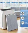 Three Pack Vital 100 Replacement Filters For Levoit Vital 100 Air Purifier next to air purifier in living room