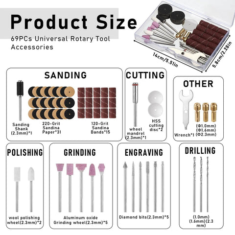 Heavy Duty 69 Piece Rotary Tool Accessories Kit With Rock Solid Sanding And Grinding Bits For Universal Shanks, product size and components visual.