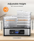 Heavy Duty Five Tray Food Dehydrator With Adjustable Temp Control And Auto Timer showing adjustable height and dimensions.