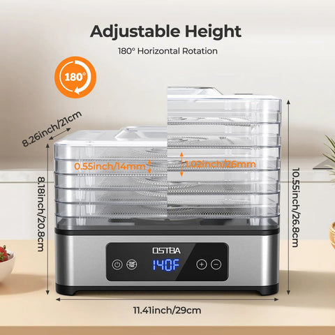 Heavy Duty Five Tray Food Dehydrator With Adjustable Temp Control And Auto Timer showing adjustable height and dimensions.