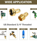 Gold aluminum connectors for Garden Hose Repair Kit Set with application visuals for taps, splitters, and nozzles.