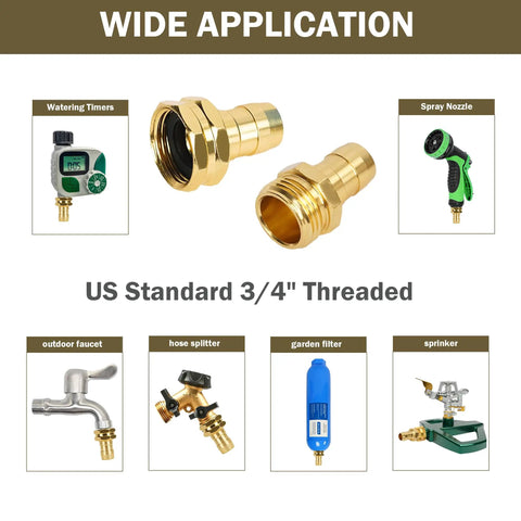 Gold aluminum connectors for Garden Hose Repair Kit Set with application visuals for taps, splitters, and nozzles.