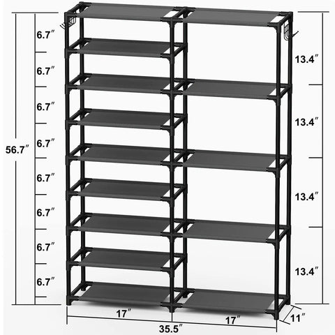 Tall Garage Shoe Rack Holds 28 To 32 Pairs Shoes And Boots With Two Rows And Versatile Hooks In Black For Entryway Closet Or Garage Extra Large Capacity Organizer, 9-tier design.