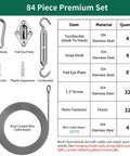84-piece stainless steel sun shade sail hardware kit with vinyl-coated wire ropes and accessories including turnbuckles and screws