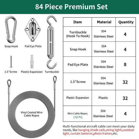 84-piece stainless steel sun shade sail hardware kit with vinyl-coated wire ropes and accessories including turnbuckles and screws