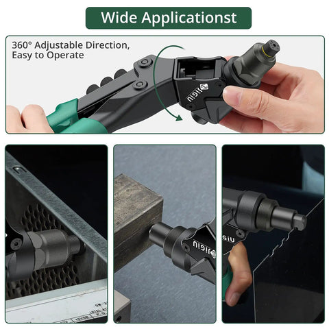 3 In 1 Do It All Rivet Nut Tool Kit With Swivel Head, shown in use with metal and auto sheet materials for DIY repairs
