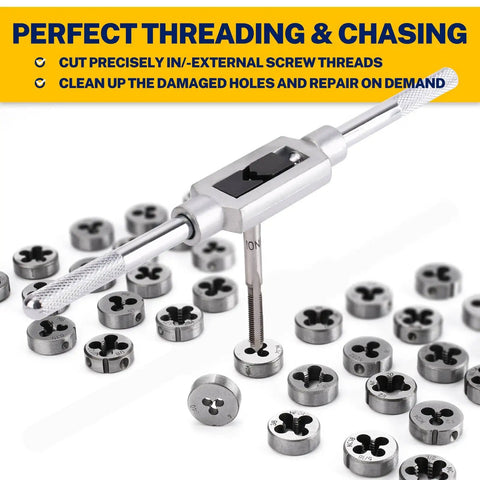 80 Pc SAE And Metric Tap And Die Kit Master Threading Tool Set For External And Internal Threads Includes 34 Common SAE And Metric Sizes