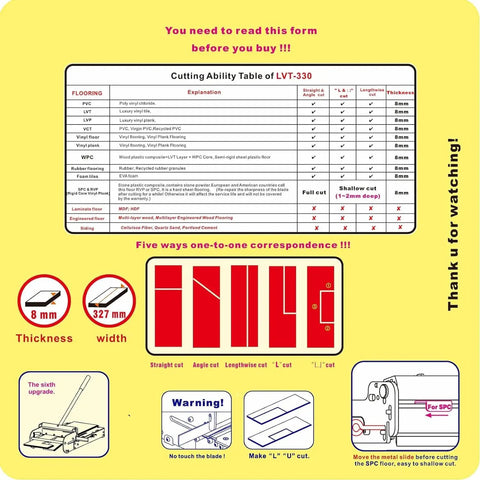 Cutting table for 13 Inch Pro Vinyl Floor Cutter LVT 330 Beast For LVP WPC LVT SPC VCT PVC with diagram and instructions