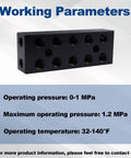 Image showing the Multi Port Pneumatic Manifold For Air Water And Oil Distribution Inline Block Splitter with operating parameters