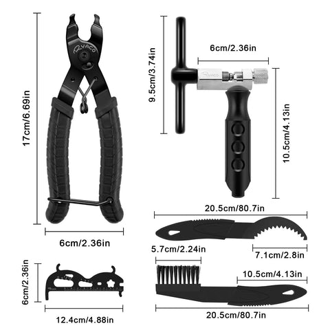 12 Piece Bicycle Chain Tool Set With Chain Cutter, Pliers, Measuring Tool, and Cleaning Accessories dimensions shown