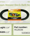 Heavy Duty Deck Drive Belt Replacement Fits LT133 LT150 LT155 LT160 LT166 LT180 For 38 Inch And 42C Decks And Cub Cadet M54 HN KH KW With 54 Inch Deck Half Inch By 114 Inch Belt shown in packaging with dimensions