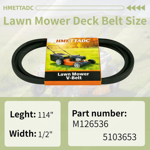 Heavy Duty Deck Drive Belt Replacement Fits LT133 LT150 LT155 LT160 LT166 LT180 For 38 Inch And 42C Decks And Cub Cadet M54 HN KH KW With 54 Inch Deck Half Inch By 114 Inch Belt shown in packaging with dimensions