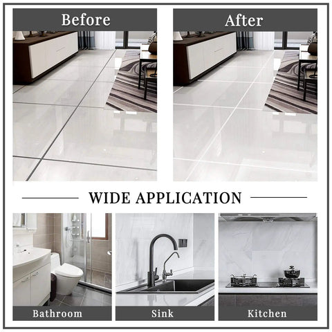 Before and after image of tile cleaning using 3 In 1 Caulking Tools Kit with Stainless Steel Head Removable Scraper, for various applications in bathroom, sink, and kitchen.