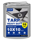 Heavy Duty 16 Mil Waterproof Tarp 10x10 Feet for Outdoor Use with reinforced edges and rustproof grommets, silver and black