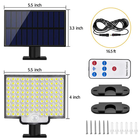 Outdoor Solar Motion Sensor Flood Lights With Remote Control No Fuss Setup, 106 LEDs 3000LM Bright Illumination components