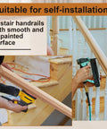 Solid Two Pack Six Foot Red Oak Handrails For Stairs With A Slick Double Layered Straight Build And Real Timber Look, being installed on stairs.
