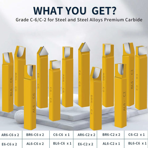 20-piece carbide-tipped lathe cutter set with 1/2 in shanks and yellow bodies for turning, boring, and chamfering