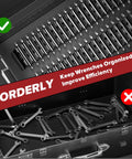40 Piece Modular Wrench Organizer Set for drawer storage with metric and SAE labels, shown neatly holding wrenches.