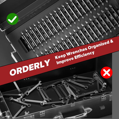 40 Piece Modular Wrench Organizer Set for drawer storage with metric and SAE labels, shown neatly holding wrenches.