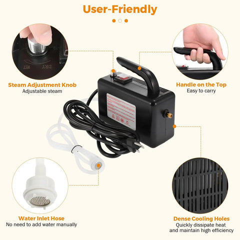 Ultra High Pressure Handheld Steam Cleaner For Auto Detailing And Home Use features adjustment knob and handle.