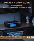 Next Gen 2 Channel Bluetooth HiFi Amp With 300W Per Channel Digital VU Meter Sub Pre Out HPF Tone Control TRS Balanced Input Bass Treble Control Remote And BT 5 2 For Your Home Theater And Bookshelf Speakers on a shelf