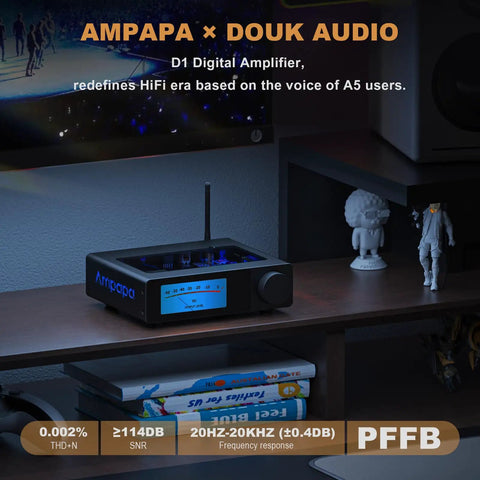 Next Gen 2 Channel Bluetooth HiFi Amp With 300W Per Channel Digital VU Meter Sub Pre Out HPF Tone Control TRS Balanced Input Bass Treble Control Remote And BT 5 2 For Your Home Theater And Bookshelf Speakers on a shelf