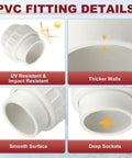Four Pack 2 Inch PVC Union Coupling Fittings Slip Socket To Socket SCH 40 Furniture Grade White construction details