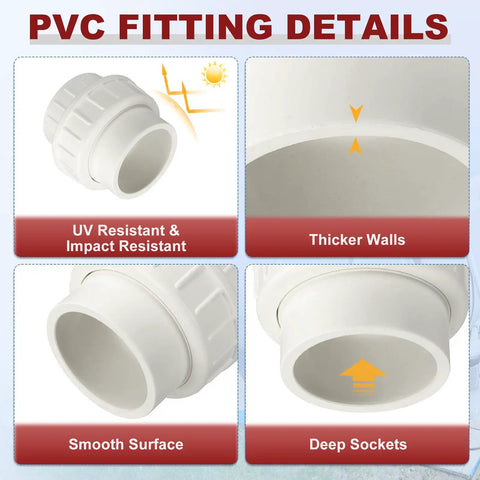 Four Pack 2 Inch PVC Union Coupling Fittings Slip Socket To Socket SCH 40 Furniture Grade White construction details