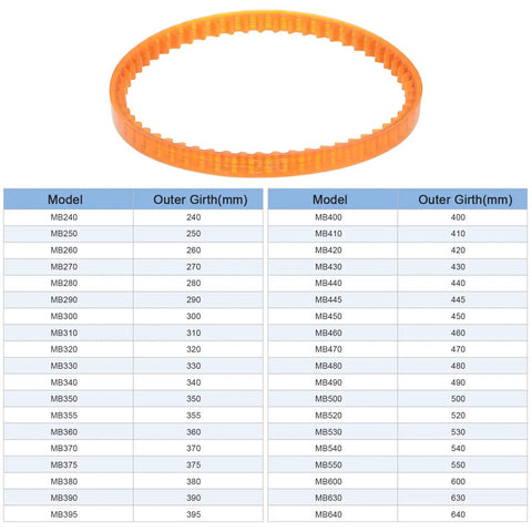 MB350 Triangle V Belt Duo For Old School Household Electric Sewing Machines shown with size chart
