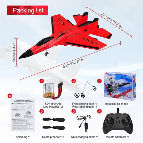 Super Easy To Fly 2CH RC Airplane With 2.4GHz Remote Control RTF Dope Jet Style SU35 FX620 packing list with accessories
