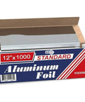 Open box of Heavy Duty Aluminum Foil Roll 12 Inch By 1000 Feet Long Industrial Strength Commercial Grade Food Wrap For Home And Food Service Use Extra Long Length Strong Silver.