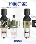 All In One Air Regulator With Gauge And Water Separator Kit For One Quarter Inch NPT Compressors shown with dimensions.