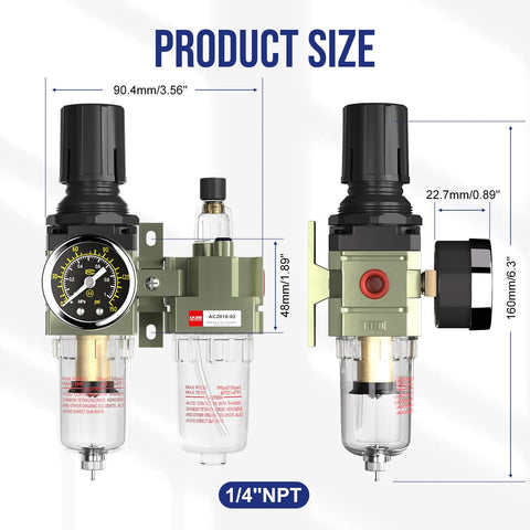 All In One Air Regulator With Gauge And Water Separator Kit For One Quarter Inch NPT Compressors shown with dimensions.