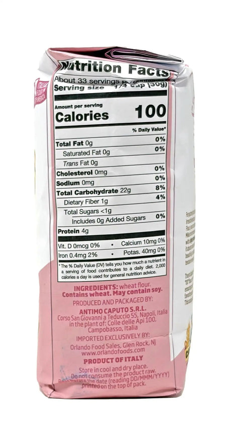Back of Type 00 Pastry Flour From Italy For Desserts And Shortbreads, 2.2 Lb Bag Pack Of 4 showing nutrition facts and ingredients.