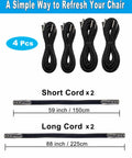 Four Pack Heavy Duty Zero Gravity Chair Replacement Cords, Universal Elastic Bungee Straps, two short and two long black cords.