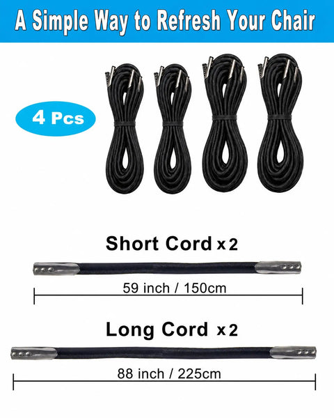 Four Pack Heavy Duty Zero Gravity Chair Replacement Cords, Universal Elastic Bungee Straps, two short and two long black cords.
