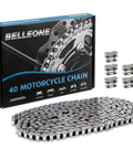 Heavy Duty 40 Roller Chain For Go Karts Mini Bikes Scooters Motorcycles Bicycles ATV Dirt Bikes And Industrial Machinery Ten Feet Long 240 Links With Five Master Links Included For Fast Repairs And Ready To Roll, packaging with chain and links displayed