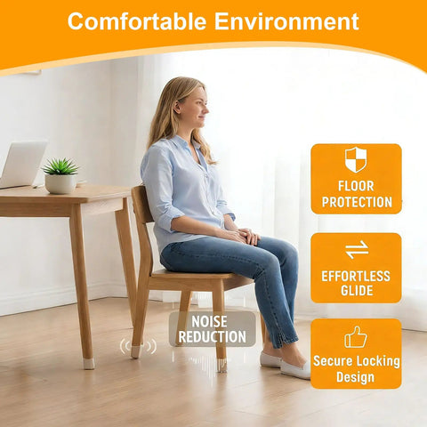 Woman sitting on chair with Silicone Felt Chair Leg Floor Protectors 24 Pack, Universal L Size Fits Round 1 And 5 Sixteenth To 2 Inches