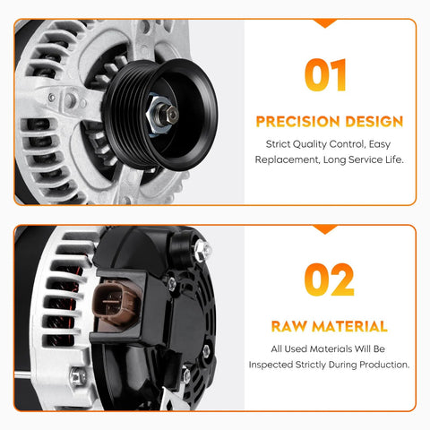 Beefed-Up Drop-In Alternator Compatible With 04-08 TSX, 03-07 Accord 2.4L, 03-11 Element, showing front and back design features