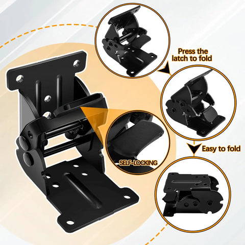 Heavy Duty Folding Brackets 4 Pack Locking Hinge Mounting Screws showing self-locking mechanism and easy fold design.