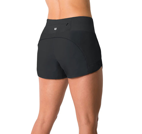Back view of Ultra Lightweight Women's 3 Inch Running Shorts with mesh liner, zip pocket, and breathable WOD volleyball style for training.