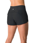 Back view of Women's 3 Inch Lightweight Running Shorts with Mesh Liner and Zip Pocket, gym-ready and featherlight, black.
