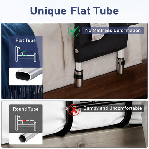 Granny Friendly Bed Rail With 2 Grab Bars And Storage Pocket showing flat tube design for safe bed access and fall prevention guard.
