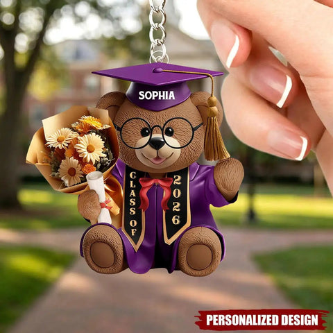 Personalized Graduation Bear Keychain For The Grad Custom Name And Class Year Keepsake with flowers and diploma for Class of 2026