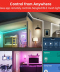 Color Changing Smart Light Bulb With Auto Pairing To Alexa Devices illuminating room in various colors, app control displayed.