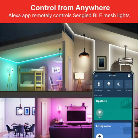 Color Changing Smart Light Bulb With Auto Pairing To Alexa Devices illuminating room in various colors, app control displayed.