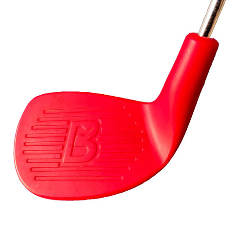 Backyard Golf Club With Oversized Head For Easy Swings, right-handed adult 13 plus, red dense plastic head, steel shaft close-up