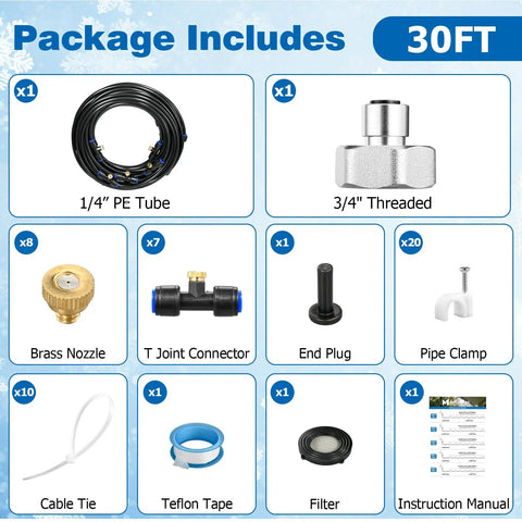 Beat The Heat Outdoor Misting System For Patio Cooling With Eight Brass Nozzles And Three Quarter Inch Adapter package contents