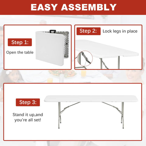 Heavy Duty Eight Foot Folding Table Fold In Half Utility Table For Indoor Outdoor Use Great For Camping Picnics Parties Easy Assembly Steps